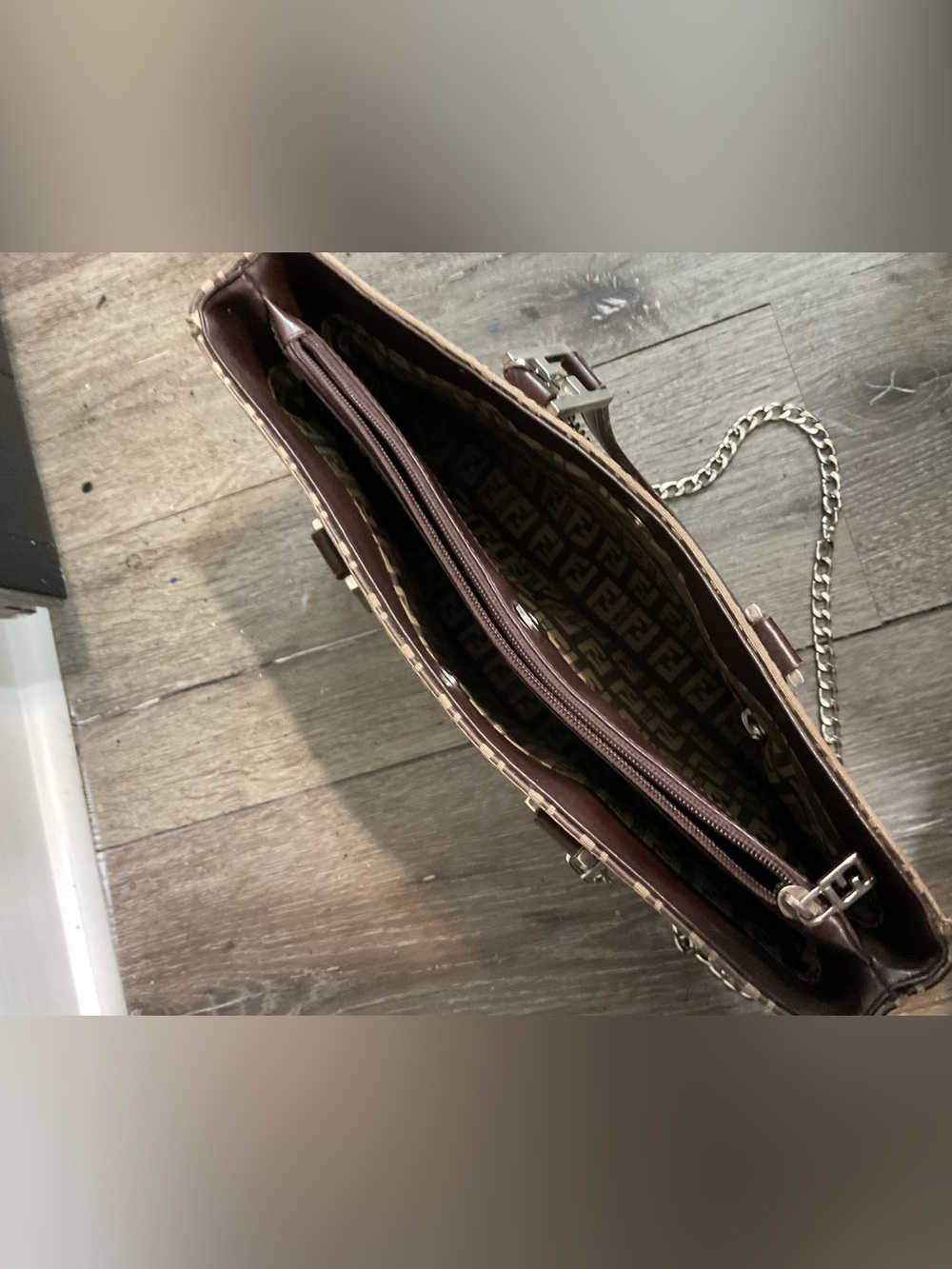 Fendi Brown FF Logo Canvas Satchel with Chain Strap - Picture 6 of 12